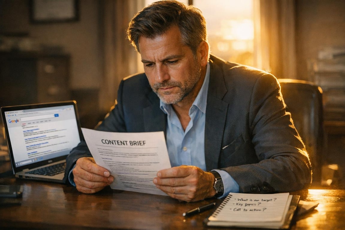 Man in suit reading a content brief at desk with laptop showing Google search and notebook with marketing notes.