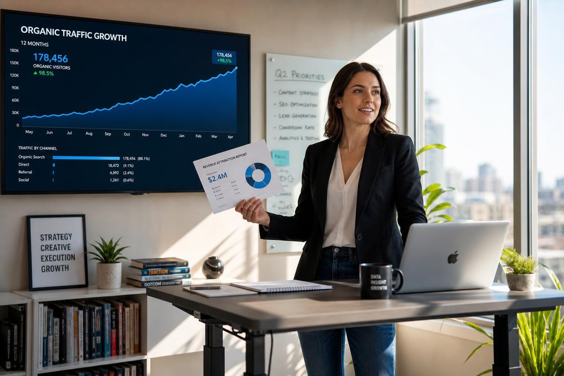 Marketing manager standing before organic traffic growth chart on office monitor holding revenue attribution report, SEO content ROI visualization