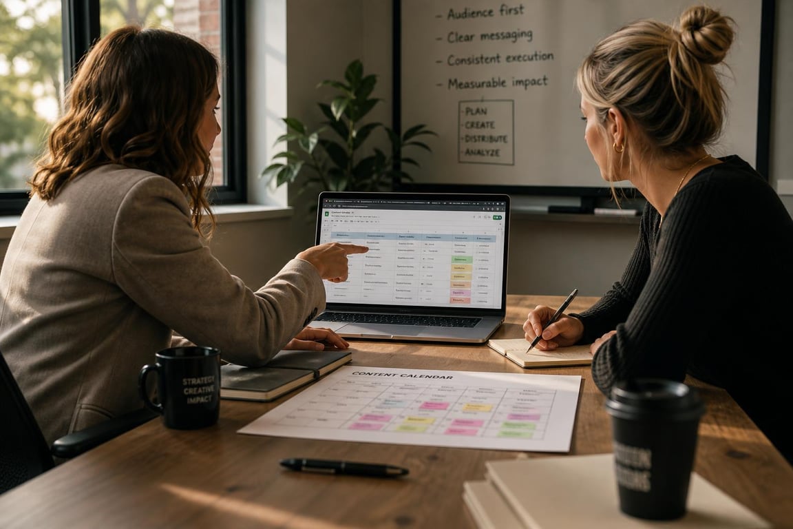 Marketing director and content strategist reviewing an SEO content strategy template together at a conference table