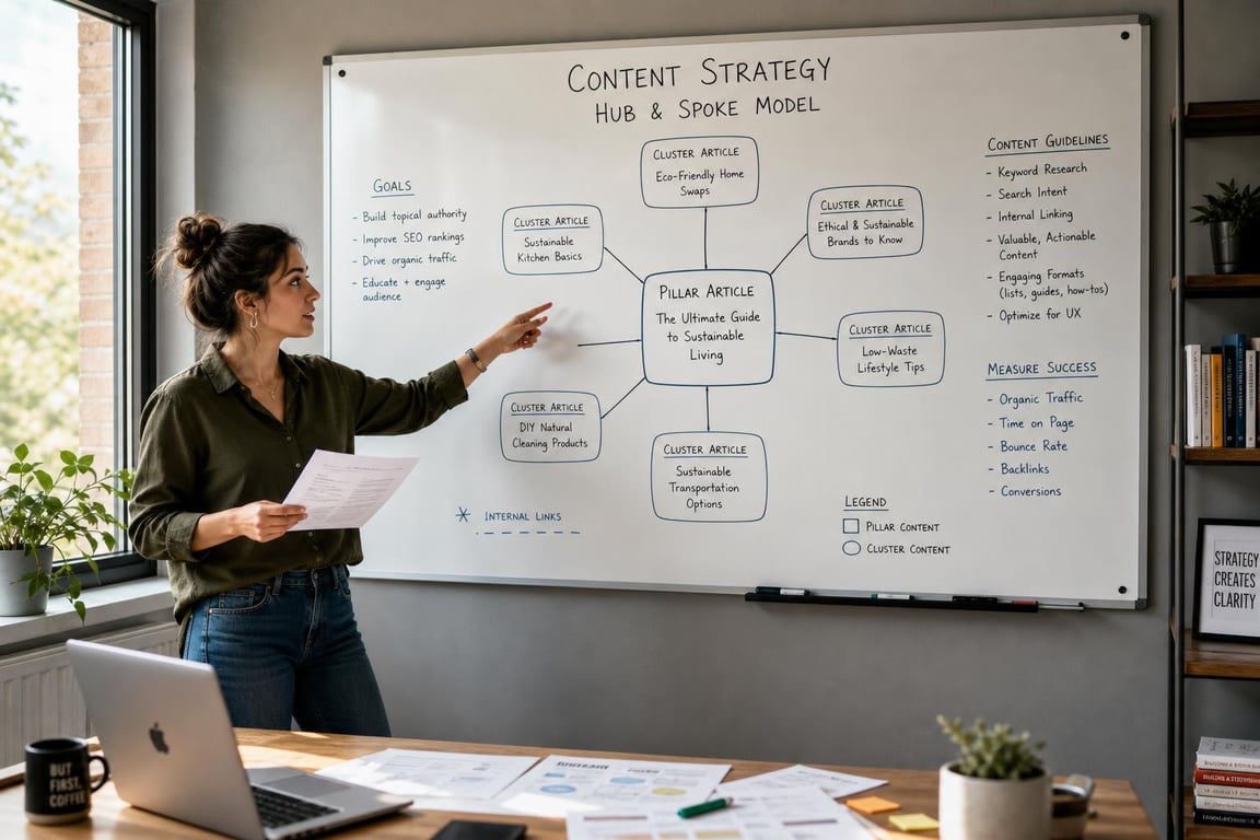 Content strategist reviewing hub-and-spoke pillar and cluster content architecture diagram on office whiteboard, SEO content structure planning