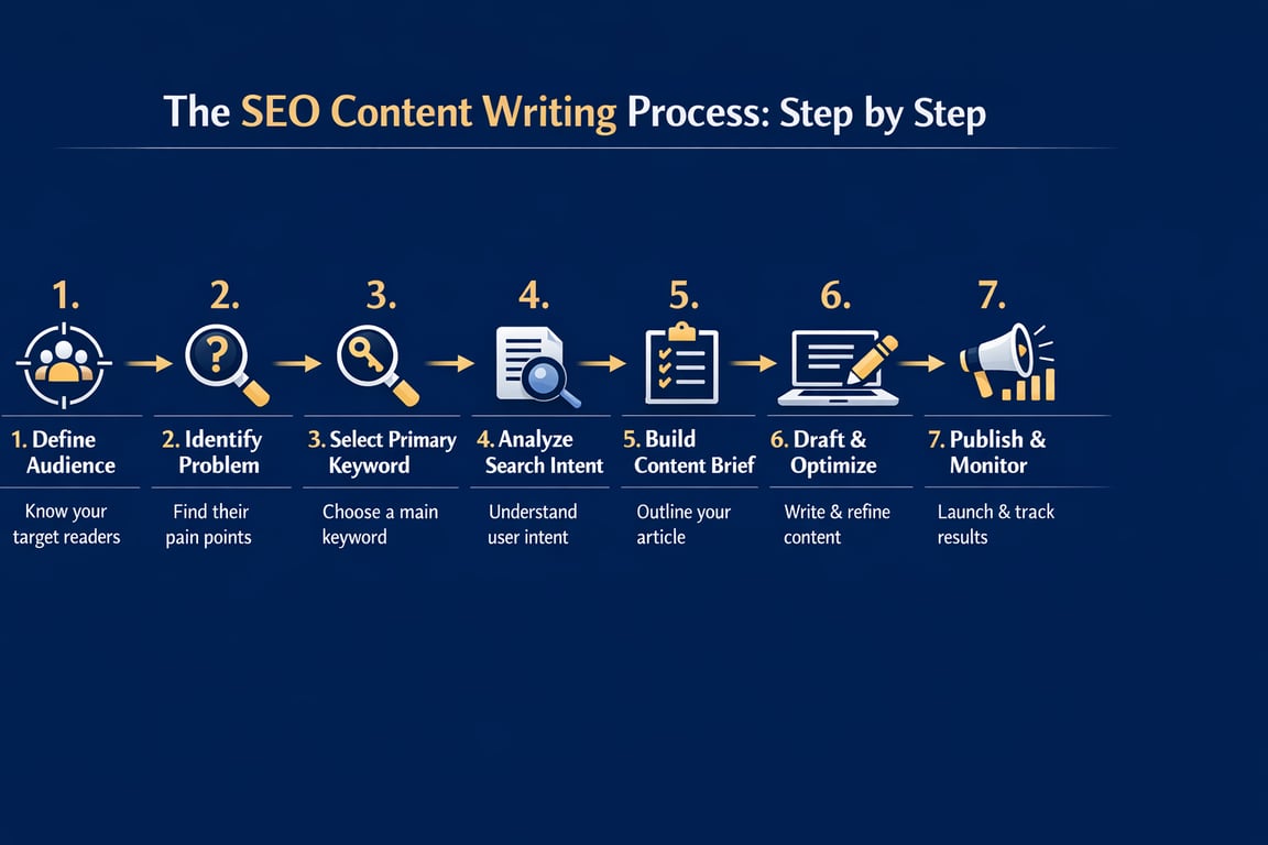 Step-by-step SEO content writing process from defining audience to publishing and monitoring results for optimized articles.
