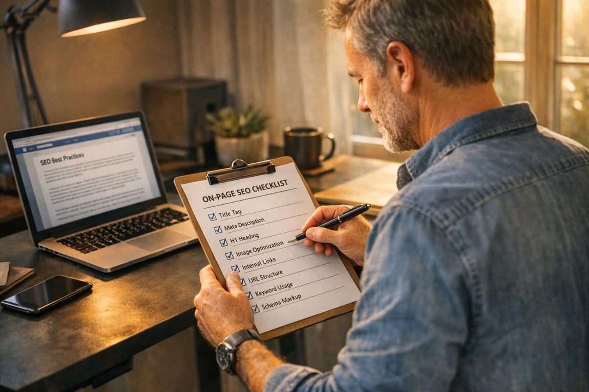 Man reviewing an on-page SEO checklist with items like title tag, meta description, and keyword usage checked off.