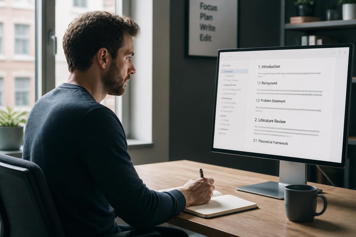SEO website copywriter reviewing structured web page layout at a clean desk with morning window light