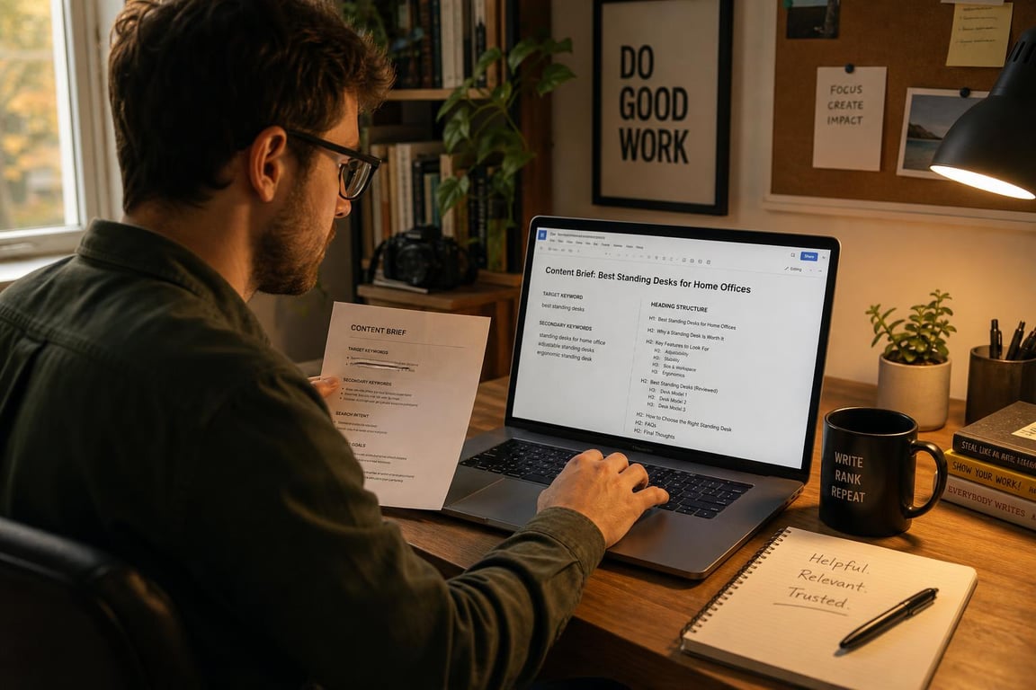 Freelance SEO copywriter working from a content brief on a laptop in a home studio, printed page in hand, warm lamp and natural window light