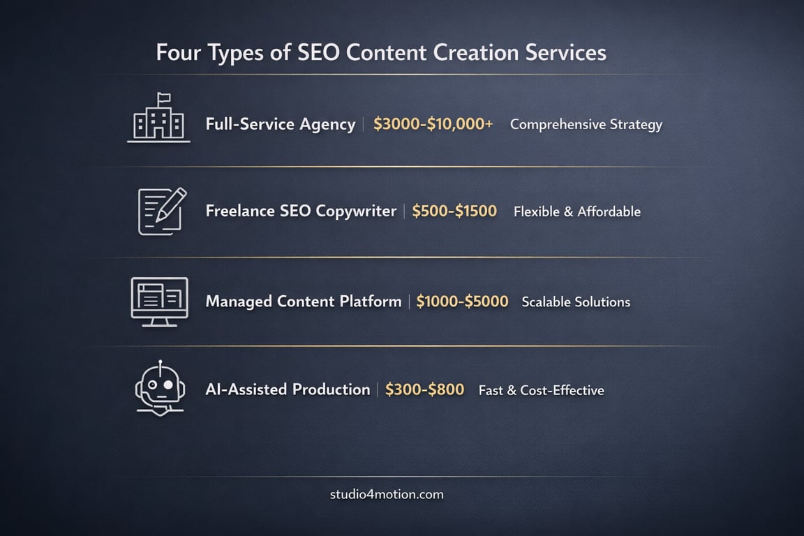 Four types of SEO content creation services with price ranges and brief descriptions, including agency, freelance, platform, and AI-assisted options.