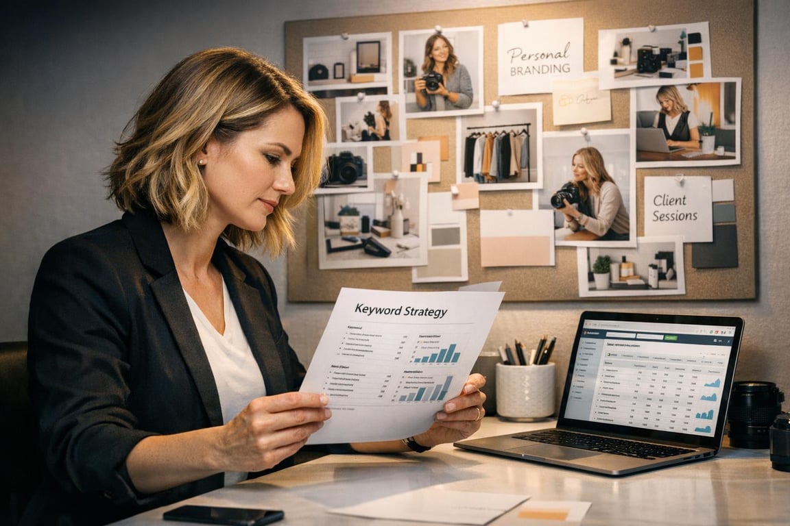 Woman reviewing keyword strategy report at desk with laptop showing analytics and branding photos on wall behind.