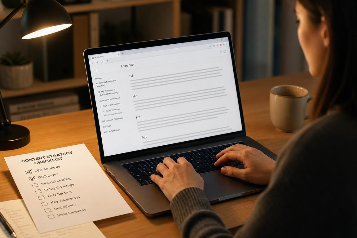 Person typing an article draft on laptop with a content strategy checklist on desk and a cup of coffee nearby.
