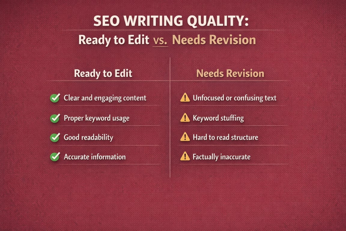 SEO writing quality checklist comparing ready to edit with needs revision including clarity, keyword usage, readability, and accuracy.