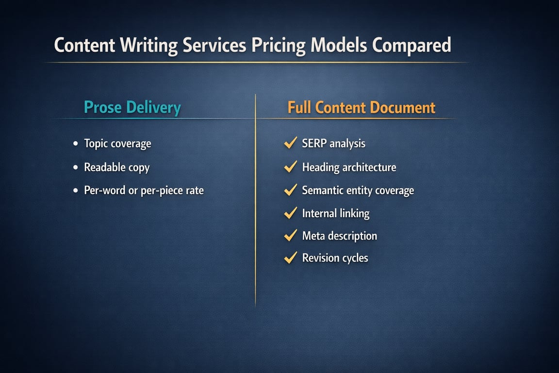 Comparison of prose delivery and full content document pricing models for content writing services with key features listed.