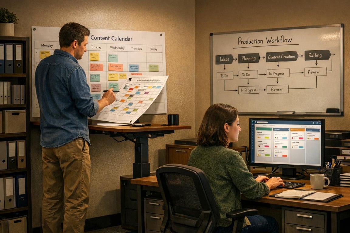 Man reviewing content calendar notes on wall, woman working on project management software at desk in office setting.