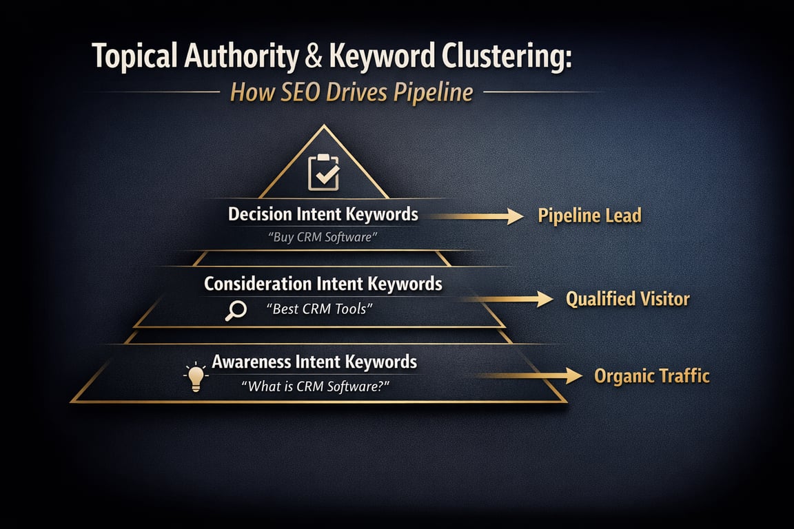 Pyramid illustrating SEO keyword clustering: awareness, consideration, decision intent keywords driving organic traffic, qualified visitors, pipeline leads.