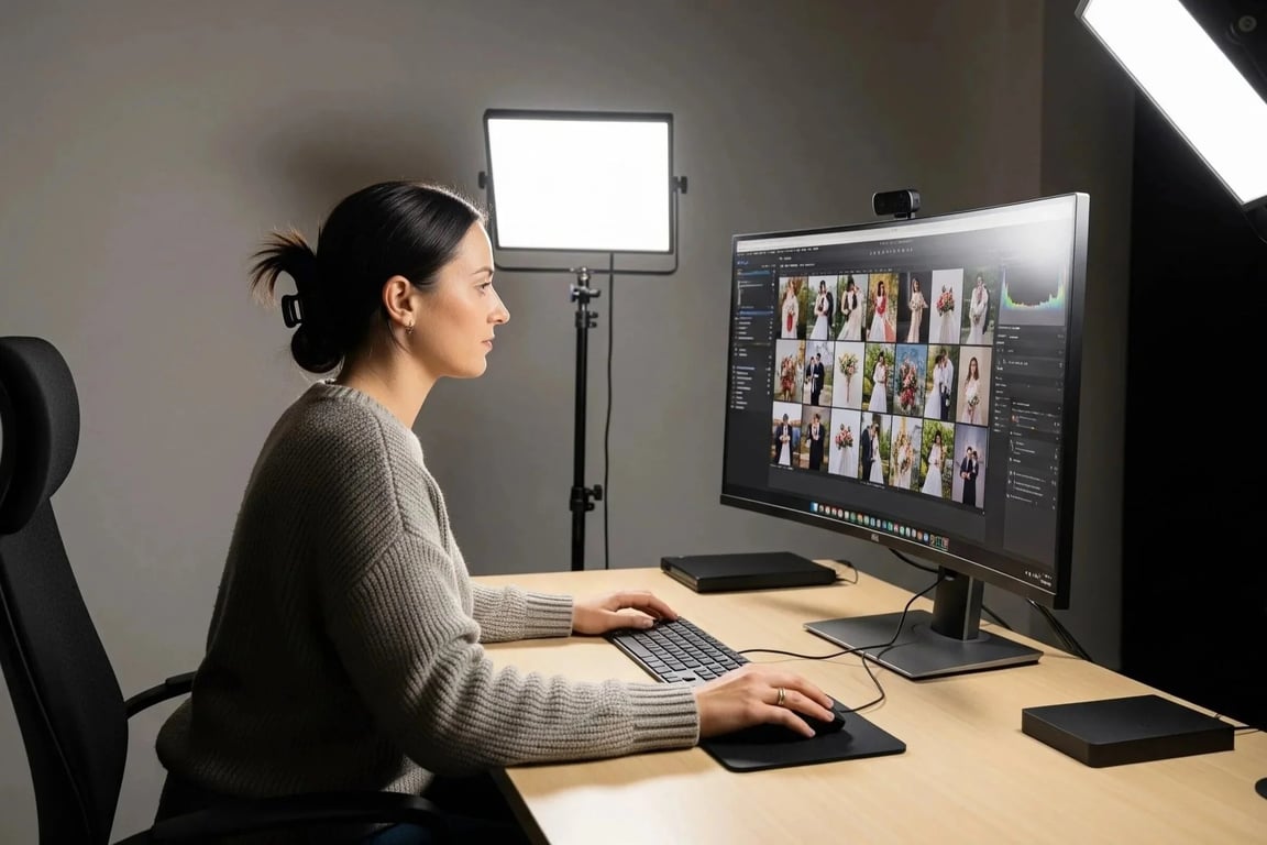 Woman editing wedding photos on a large curved monitor in a dimly lit room with professional lighting setup.
