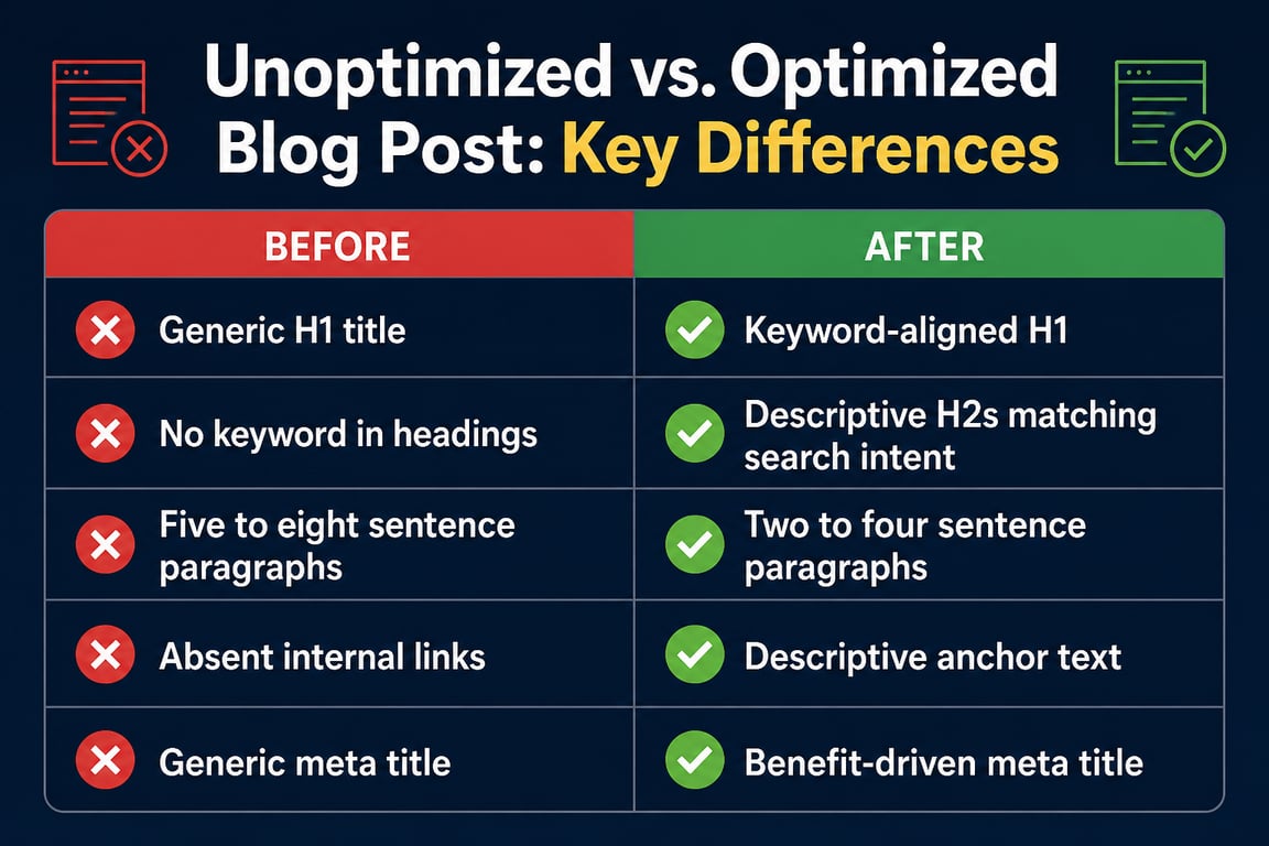 Infographic comparing unoptimized and optimized blog post elements including H1, headings, paragraph length, and meta title