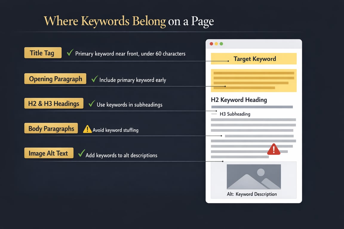 SEO best practices for keyword placement on a page, including title tags, headings, paragraphs, and alt text tips.