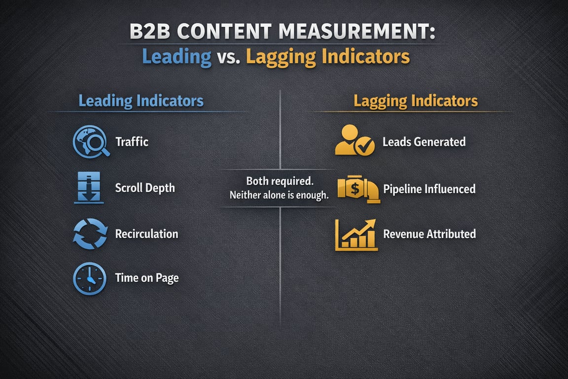 B2B content measurement showing leading indicators like traffic and scroll depth versus lagging indicators like leads generated and revenue attributed.