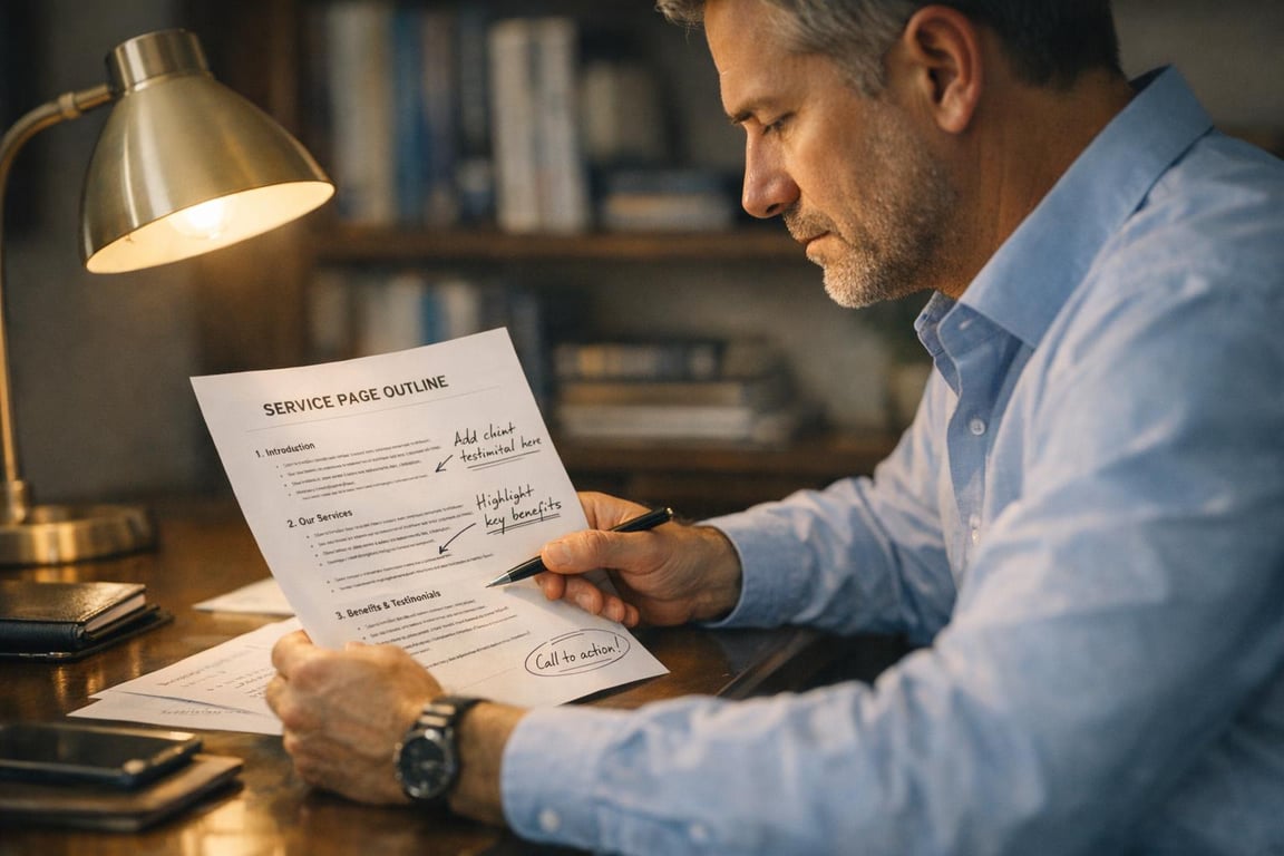 Man reviewing and annotating a service page outline with notes on client testimonials and key benefits.
