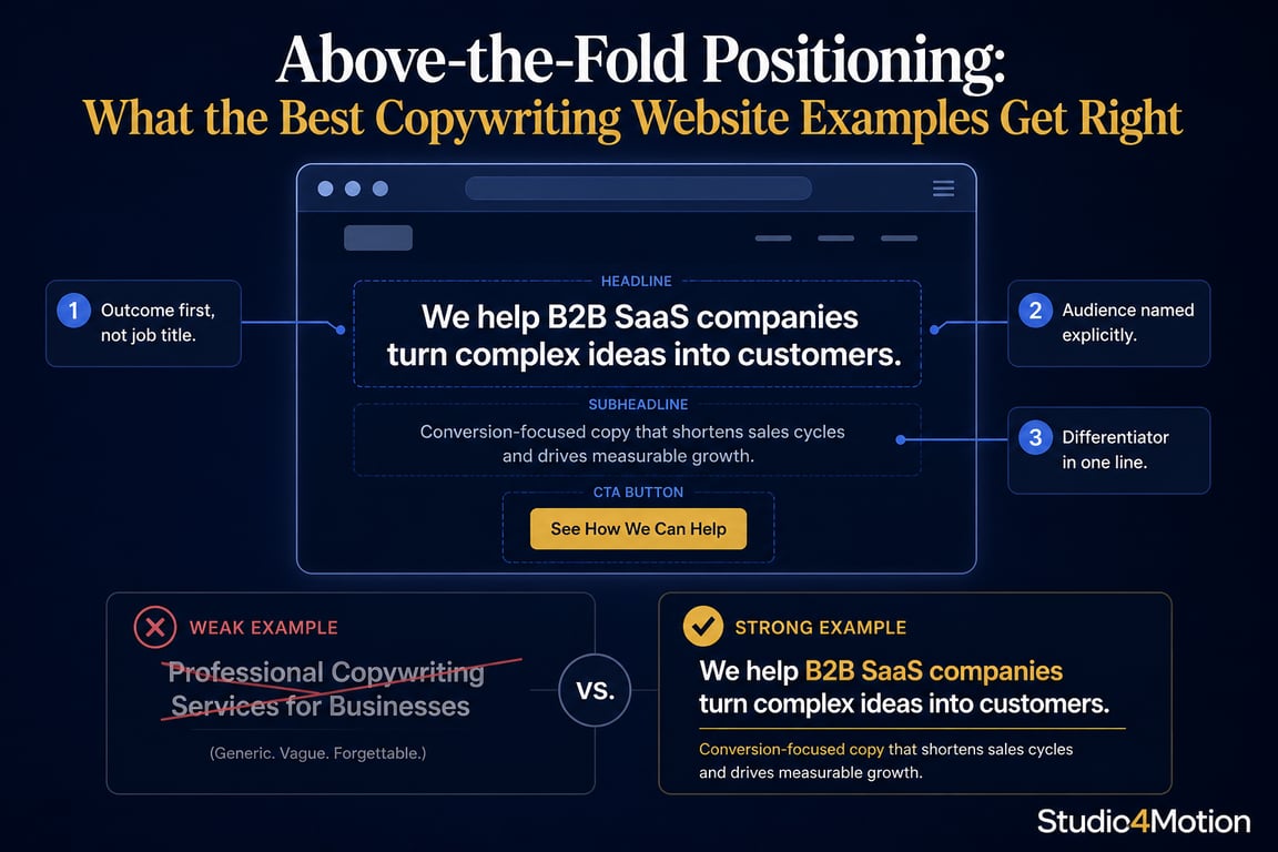Above fold positioning infographic — copywriting website portfolio examples