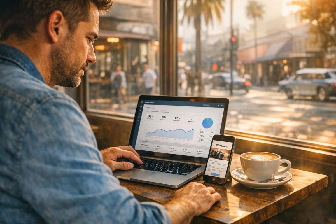 Man working on laptop with data analytics dashboard, smartphone, and coffee cup in a sunny cafe by the window.