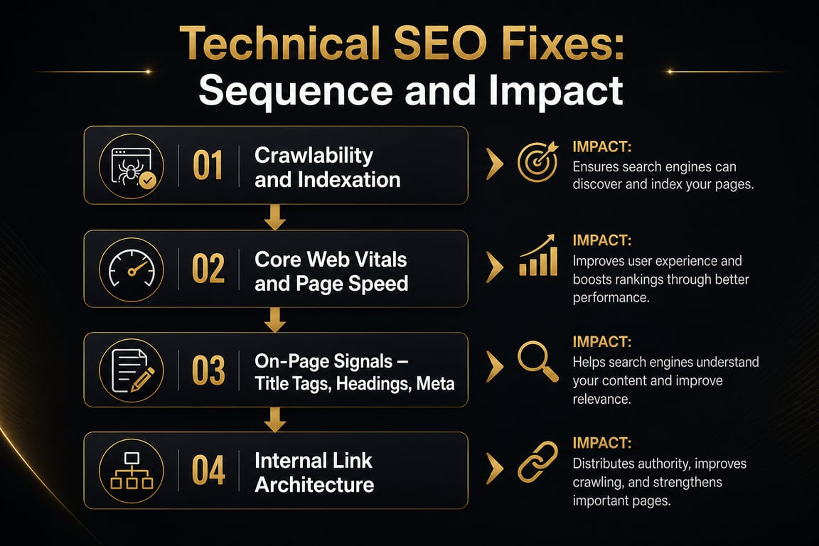 Infographic showing four-step technical SEO fix sequence from crawlability through internal link architecture with impact notes per step