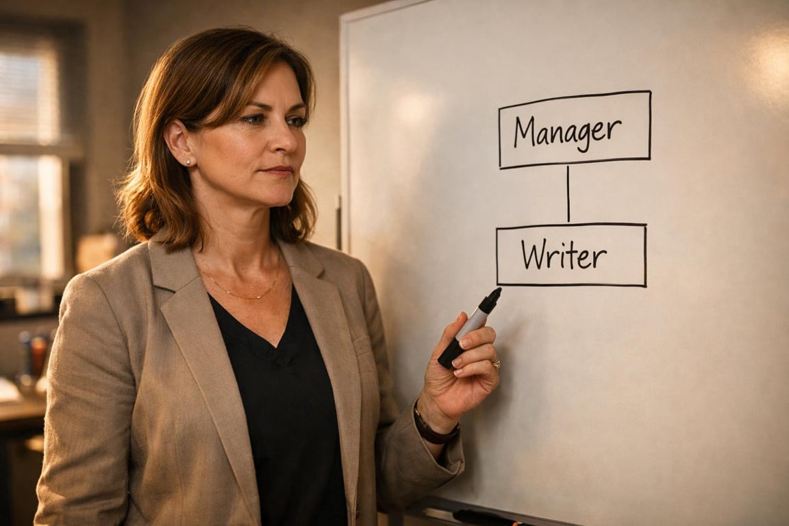 Woman in blazer holding marker next to whiteboard with simple organizational chart showing Manager above Writer.