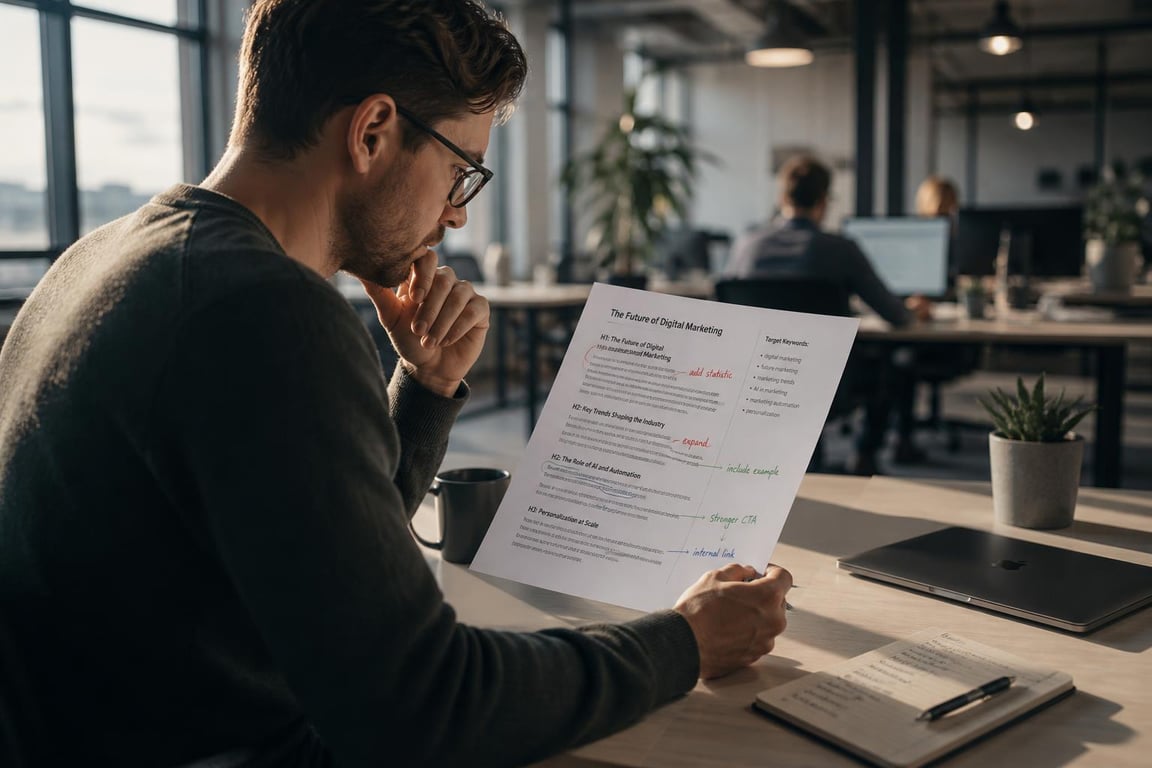 SEO copywriter reviewing an annotated keyword strategy document at a modern office desk, warm window light