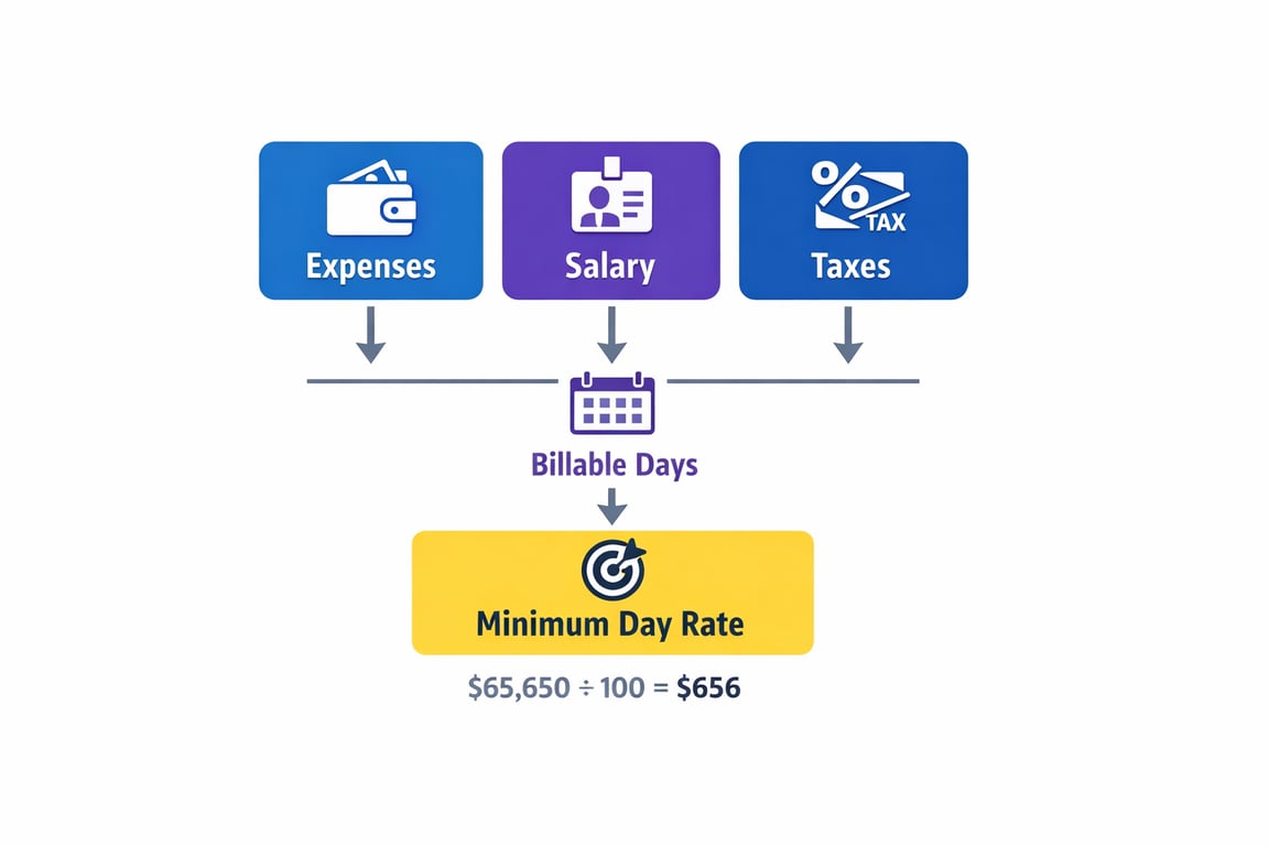 Flowchart detailing calculations for minimum day rate based on expenses, salary, taxes, and billable days.