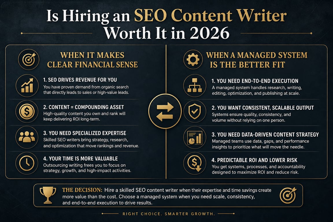 Decision infographic comparing when to hire SEO content writers versus switching to a managed automated content system in 2026