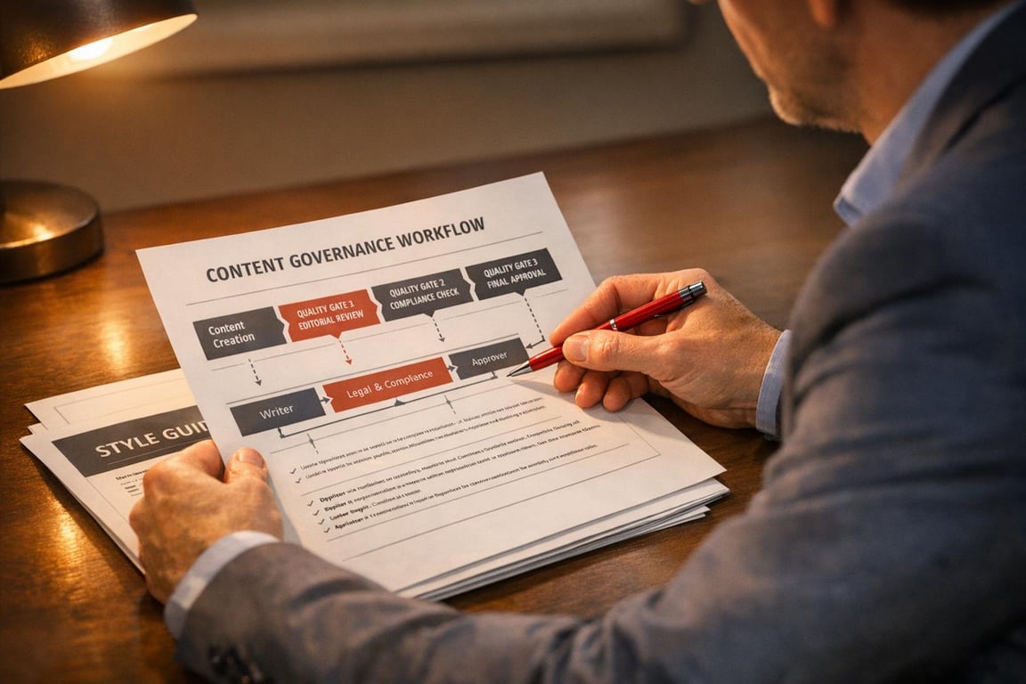 Man reviewing a content governance workflow document with a red pen at a wooden desk under warm lighting.