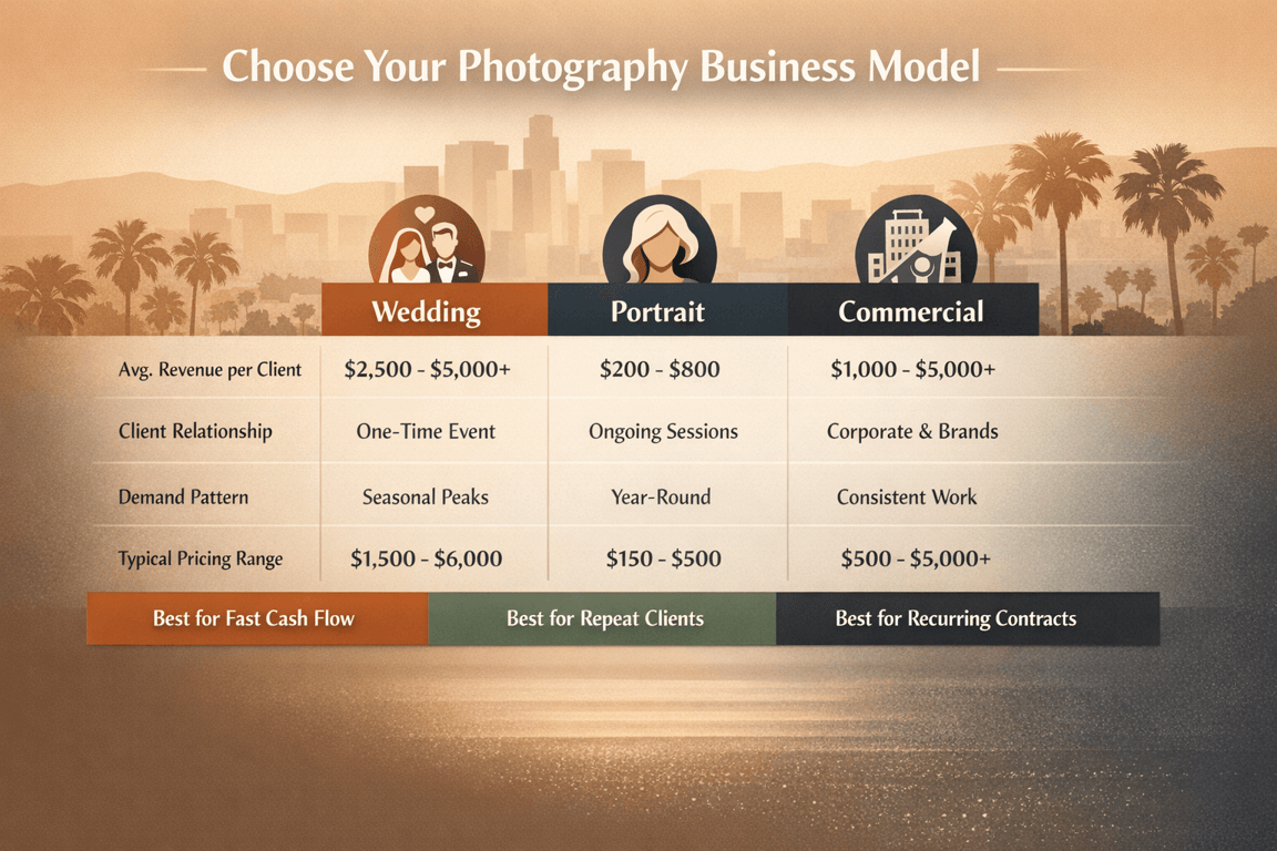 Comparison chart of photography business models: Wedding, Portrait, and Commercial with revenue, clients, and pricing details.
