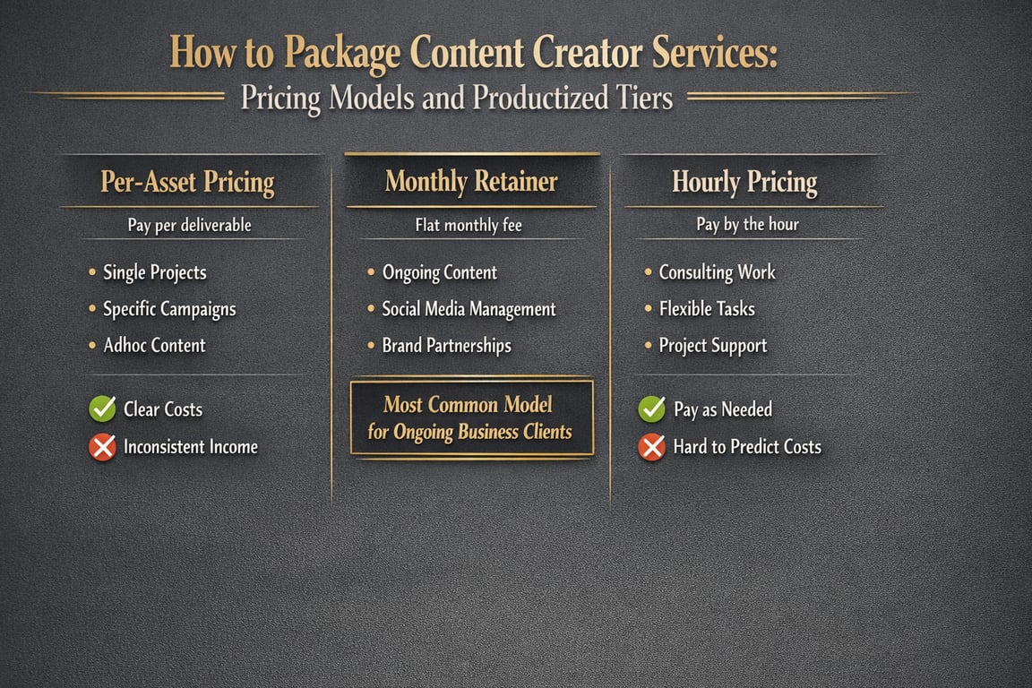 How to package content creator services with per-asset, monthly retainer, and hourly pricing models and their pros and cons.