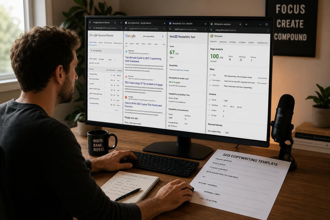 Freelance SEO copywriter working across four free SEO tools in browser tabs with a printed template at hand