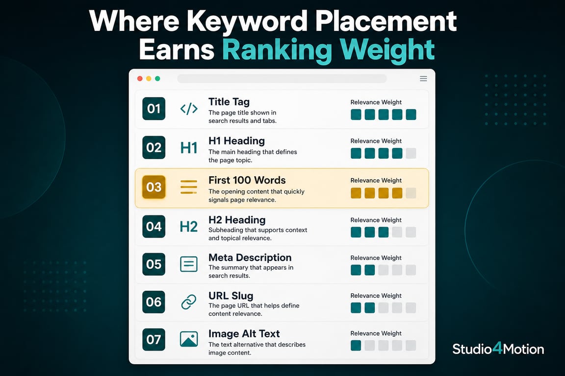 Infographic showing seven keyword placement zones on a page mockup with relevance weight indicators for each structural location