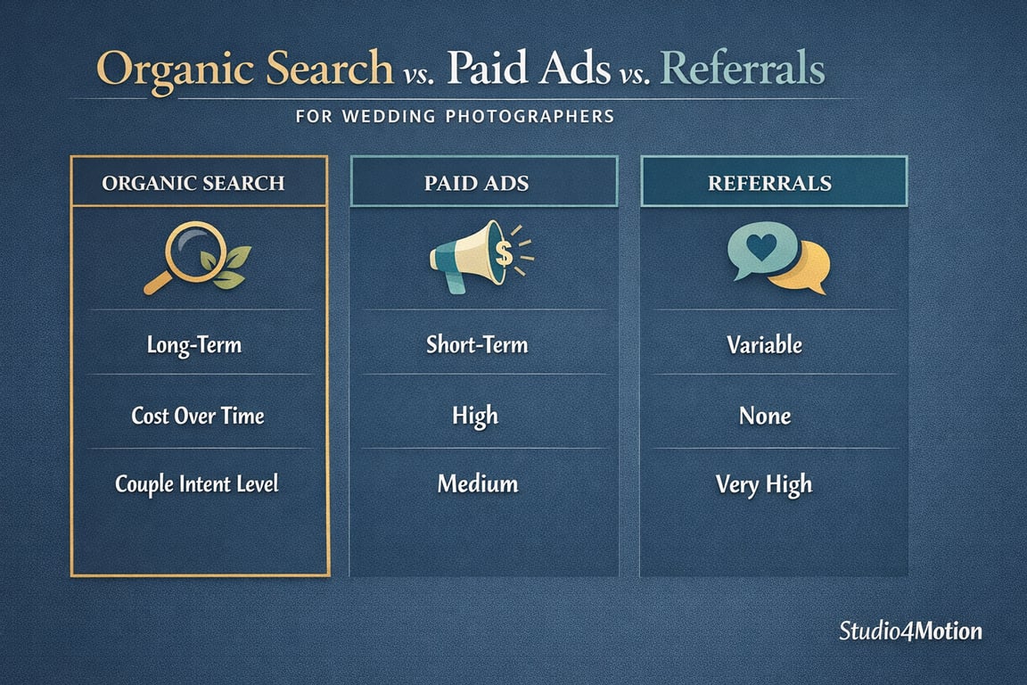 Comparison chart of organic search, paid ads, and referrals for wedding photographers with cost and intent level details.