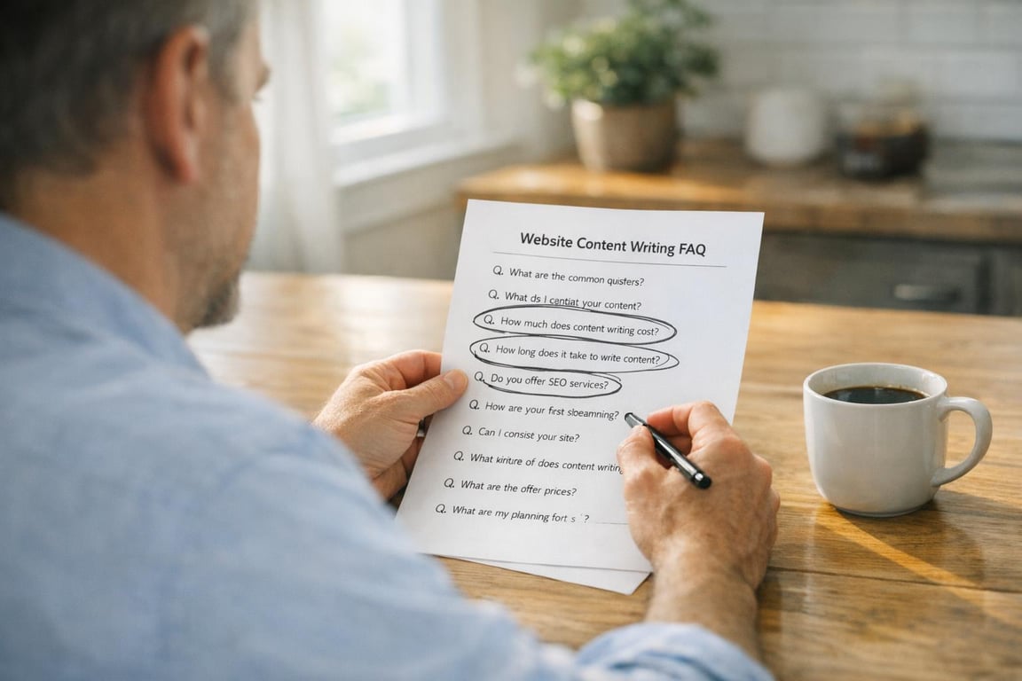 Man reviewing and marking questions on a Website Content Writing FAQ sheet with a cup of coffee nearby on a wooden table.
