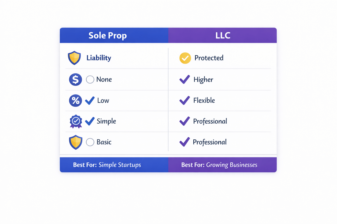 Comparison chart outlining key differences between Sole Proprietorship and LLC, highlighting liability, costs, and suitability.