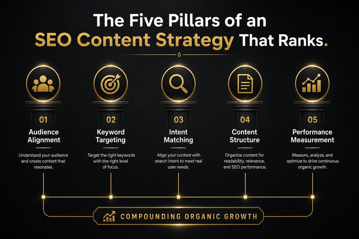 Infographic showing the five pillars of an SEO content strategy: audience alignment, keyword targeting, intent matching, structure, and measurement