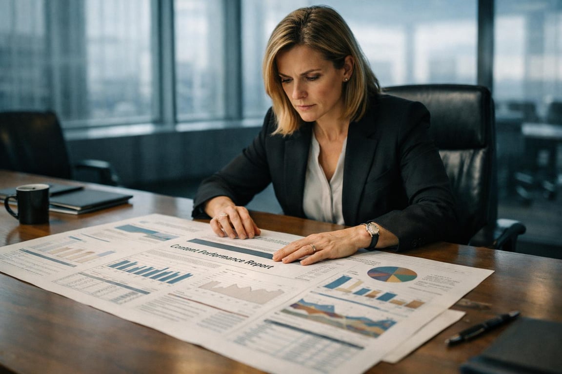 Businesswoman analyzing a content performance report with charts and graphs at a conference room table.