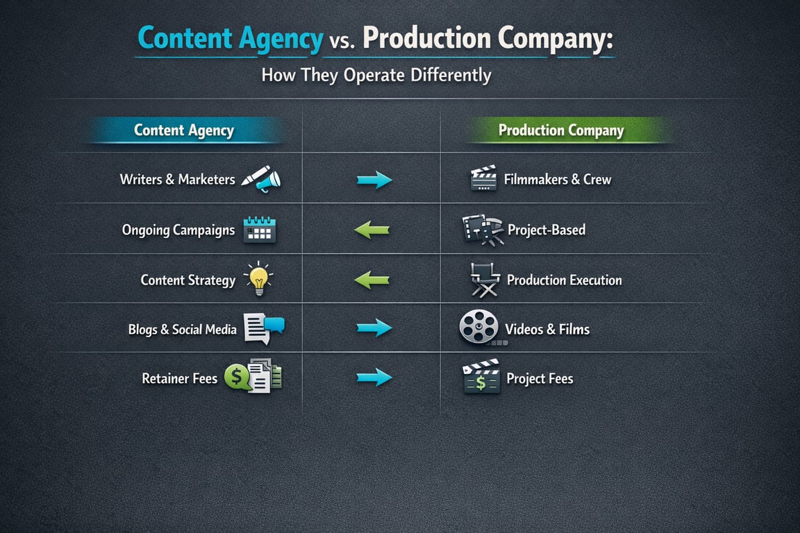 Comparison chart showing how content agencies focus on writing, strategy, and retainer fees, while production companies focus on filmmaking and project-based work.