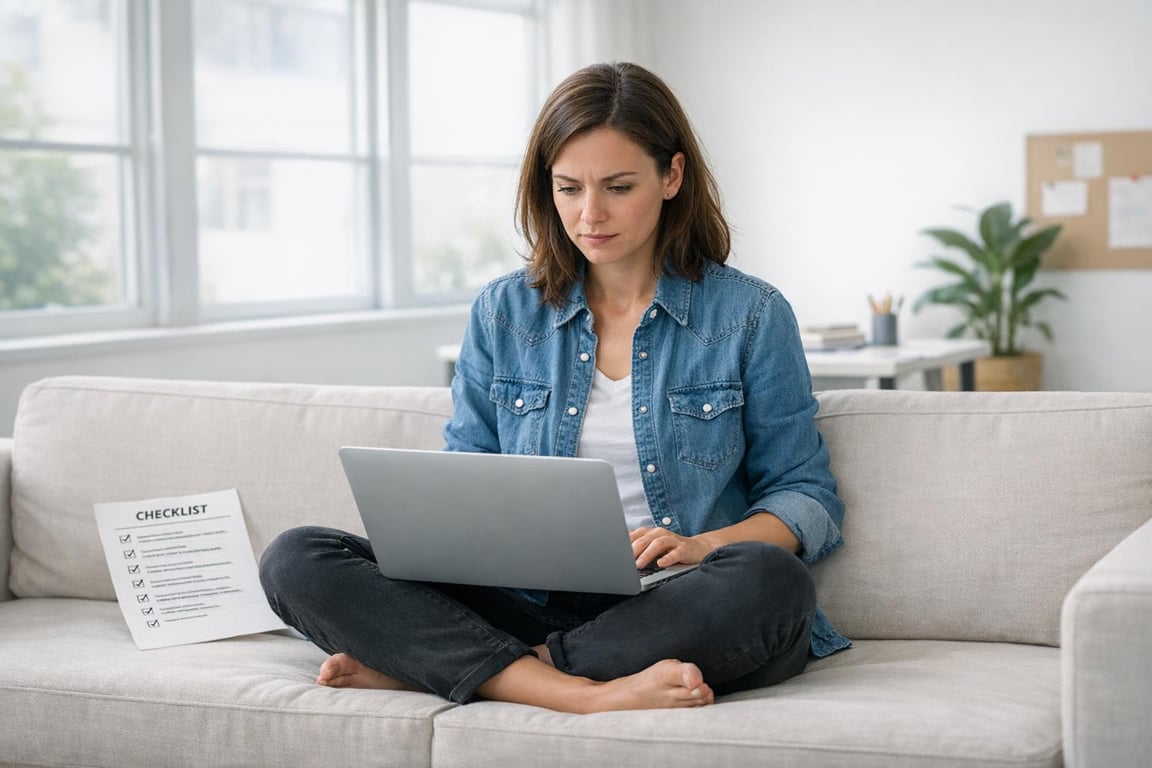 Young woman sitting cross-legged on a couch using a laptop with a checklist paper beside her in a bright living room.