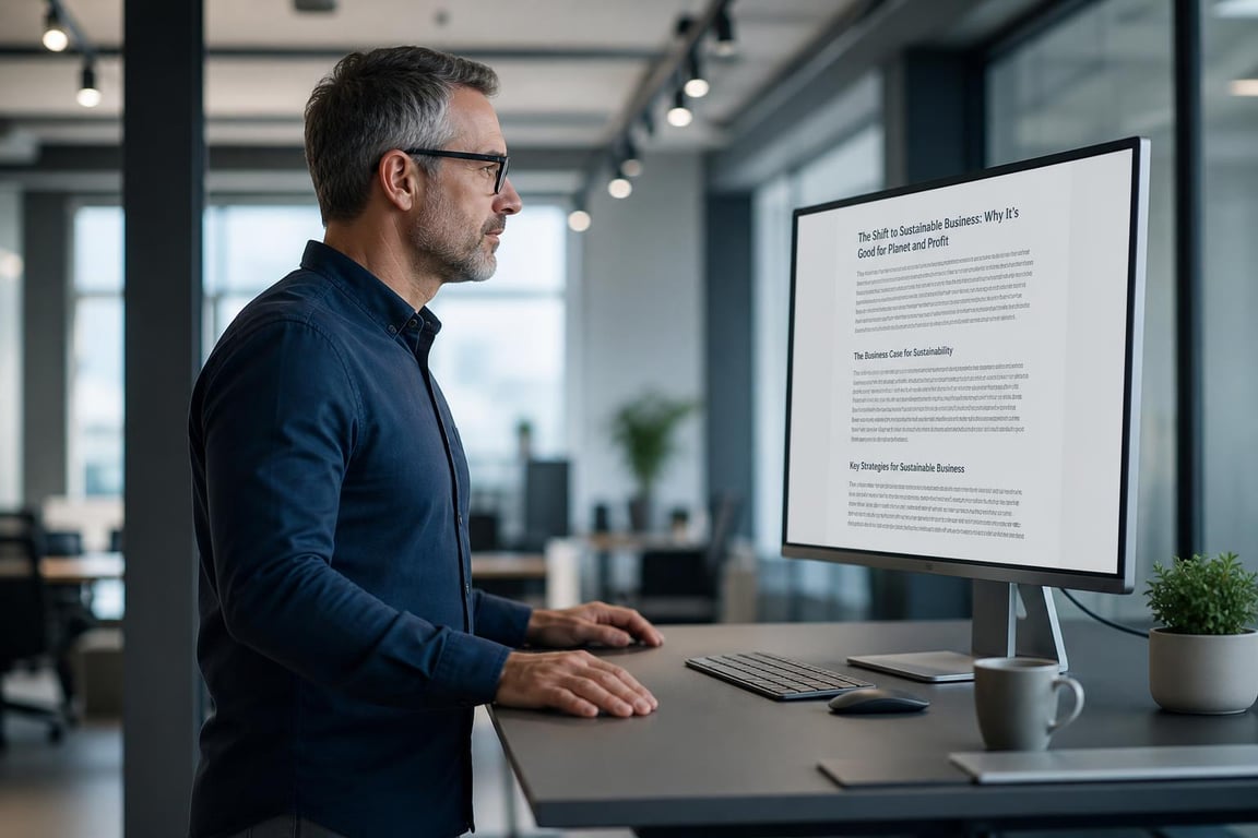 Business owner standing desk reading, how to write seo friendly blog post