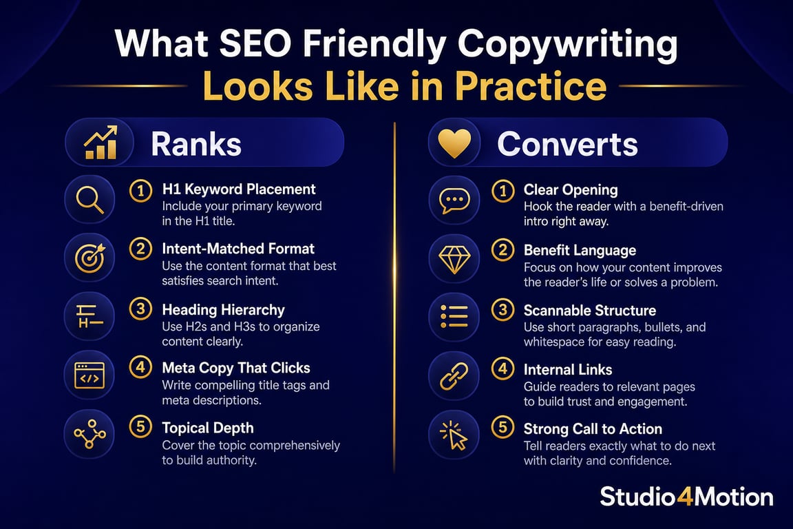 Summary infographic comparing ranking signals and conversion signals in SEO friendly copywriting, two-column layout on indigo background