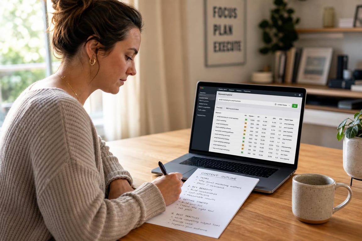 Business owner drafting a handwritten content outline beside a laptop showing a keyword research tool