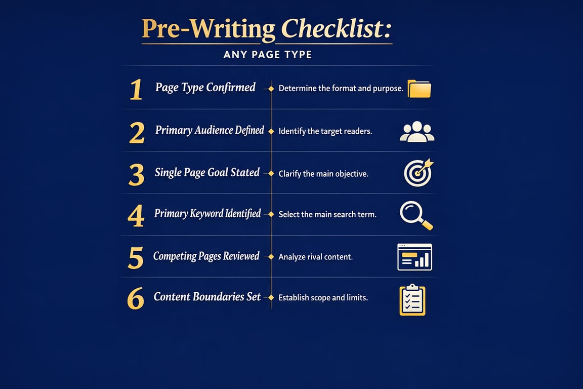 Pre-writing checklist for any page type including confirming page type, defining audience, stating goals, keywords, reviewing competitors, and setting boundaries.