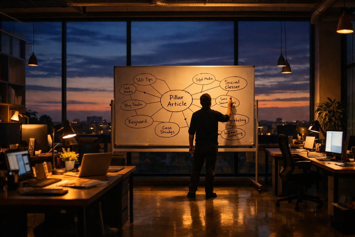 Man writing SEO and social media strategy mind map on whiteboard in office at sunset.
