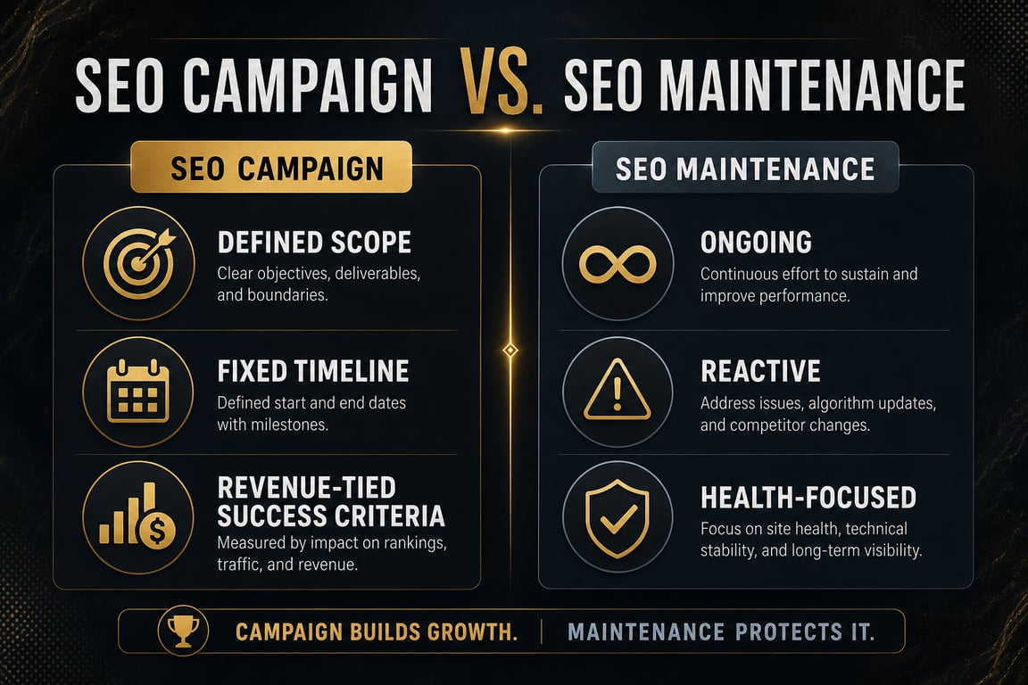 Infographic comparing an SEO campaign with defined scope and success criteria against ongoing SEO maintenance with reactive health tracking