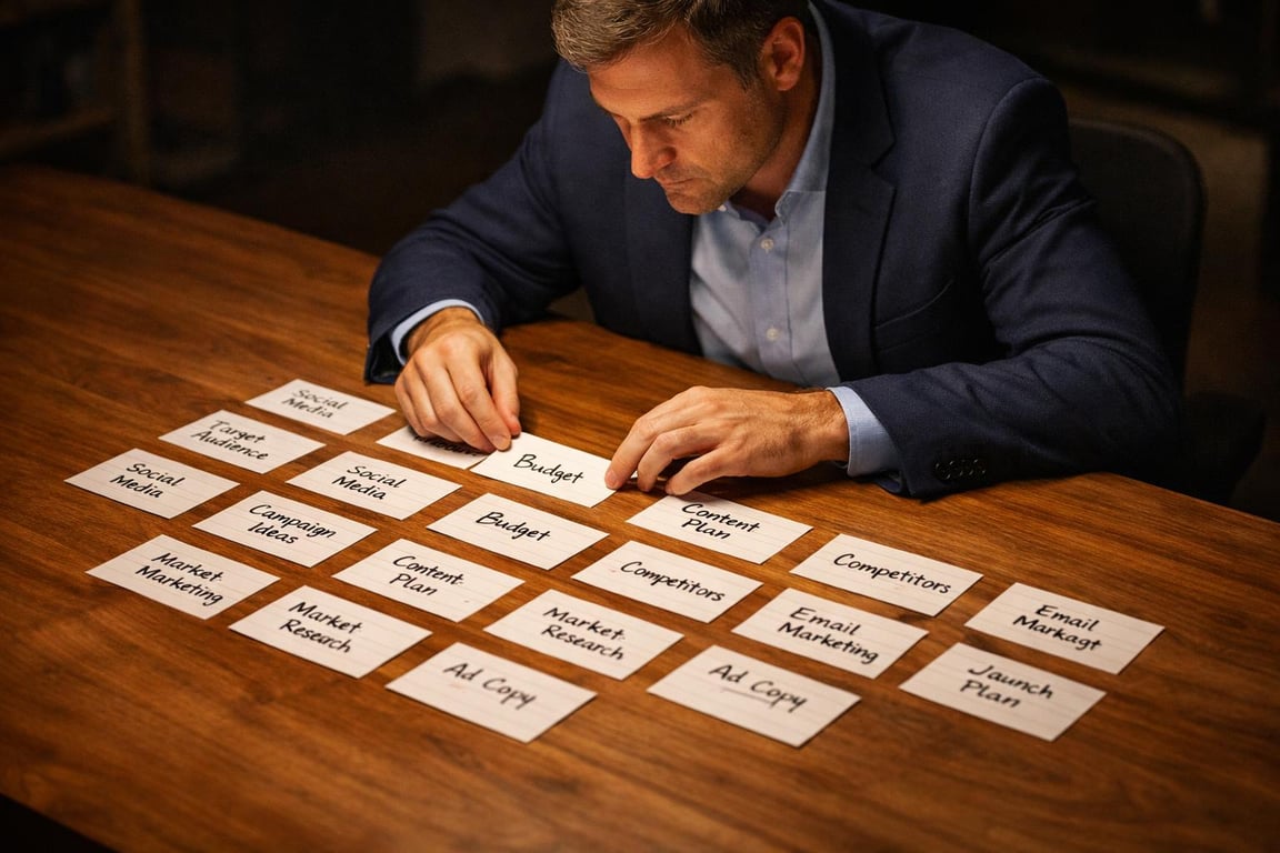 Man in business attire organizing marketing strategy cards with terms like budget, social media, and content plan on wooden table.