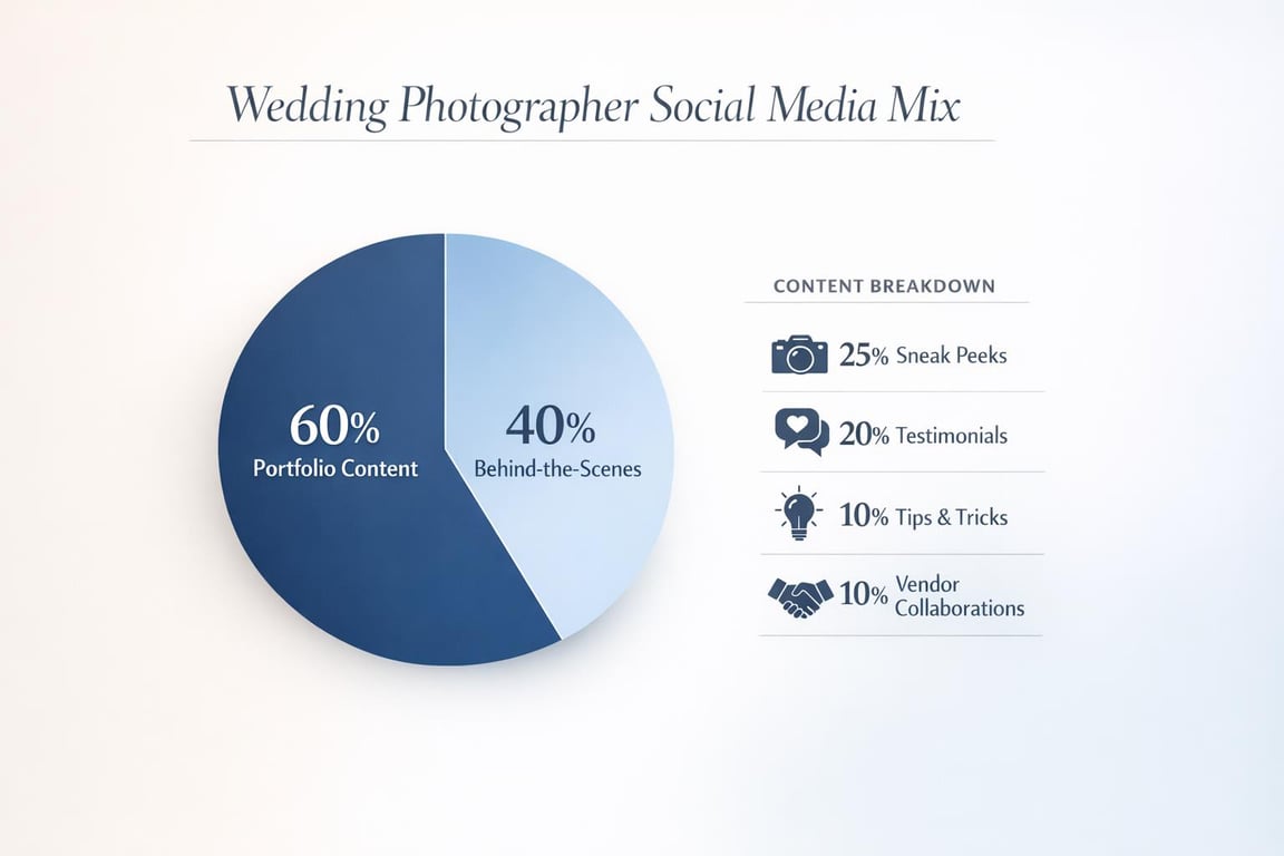 Wedding Photographer Social Media Mix pie chart showing 60% Portfolio Content, 40% Behind-the-Scenes with content breakdown percentages.