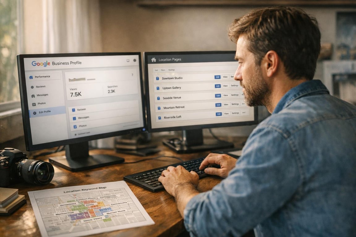 Man working on dual monitors showing Google Business Profile and location pages with a printed keyword map on desk.