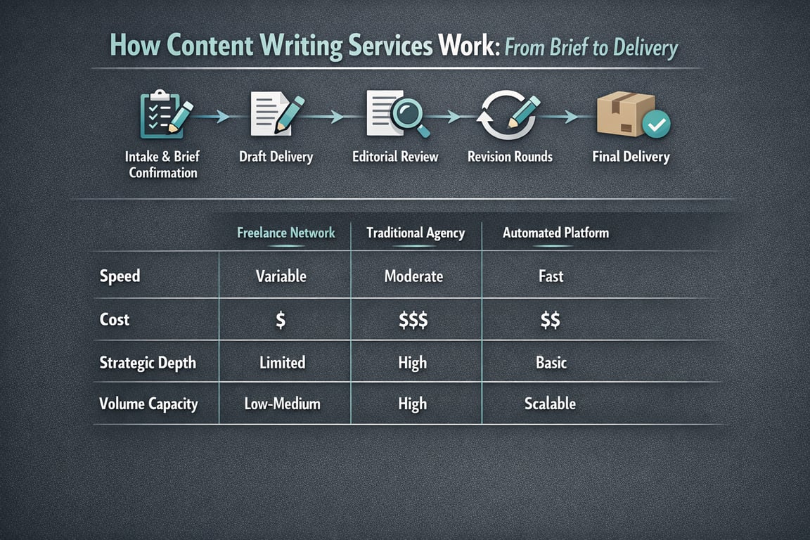 How content writing services work from intake to final delivery with comparison of freelance, agency, and automated platforms on speed, cost, depth, and capacity.