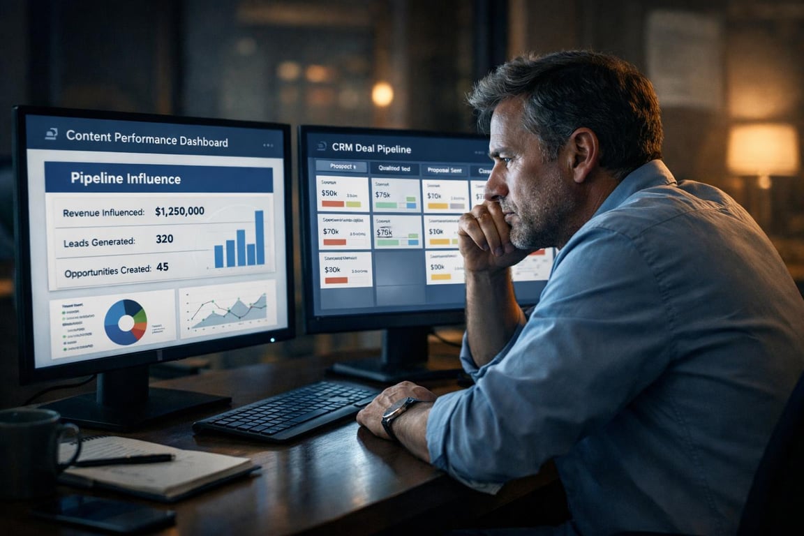Man analyzing sales data and CRM deal pipeline on dual monitors in a dimly lit office workspace.
